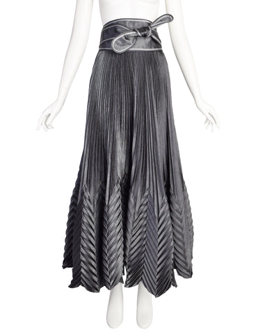 Jeanne Marc Vintage Metallic Charcoal Grey Angle Pleated Full Circle Maxi Skirt