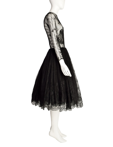 John Anthony Vintage Couture Black Floral Lace Sheer Bodice Full Skirt Dress