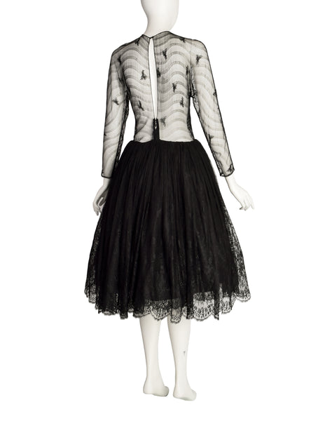 John Anthony Vintage Couture Black Floral Lace Sheer Bodice Full Skirt Dress