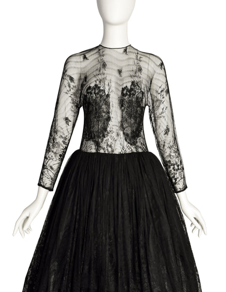 John Anthony Vintage Couture Black Floral Lace Sheer Bodice Full Skirt Dress
