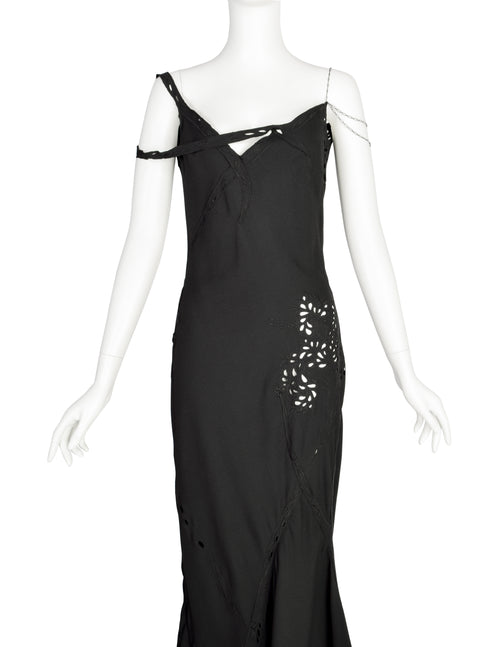 John Galliano Vintage SS 1996 Exceptional Black Embridered Eyelet Floral Asymmetric Full Length Gown