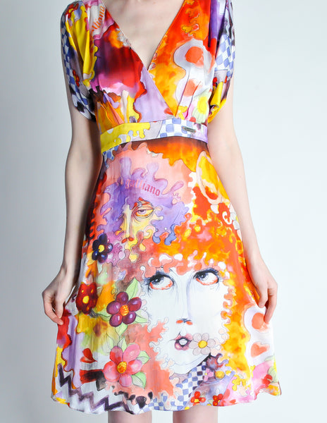 Galliano Vintage Colorful Silk Face Dress