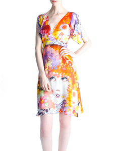 Galliano Vintage Colorful Silk Face Dress