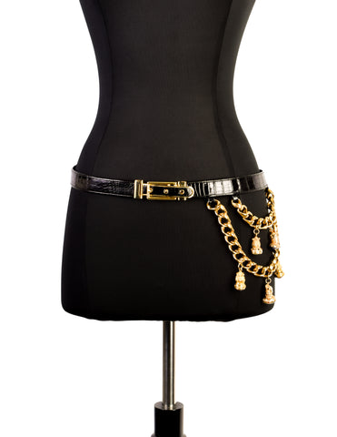 Judith Leiber Vintage Black Crocodile and Gold Chain Charm Belt