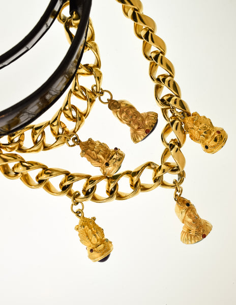 Judith Leiber Vintage Black Crocodile and Gold Chain Charm Belt