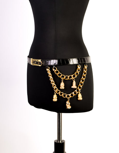 Judith Leiber Vintage Black Crocodile and Gold Chain Charm Belt