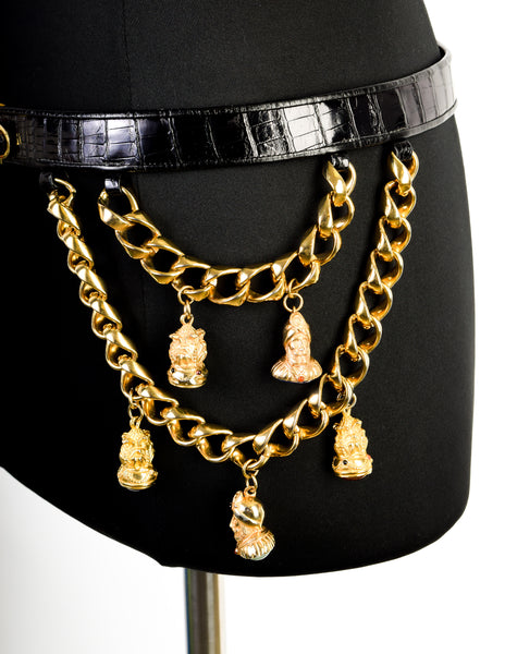 Judith Leiber Vintage Black Crocodile and Gold Chain Charm Belt