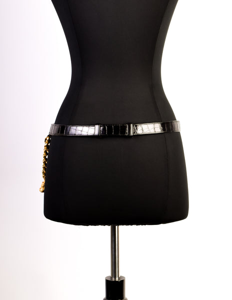 Judith Leiber Vintage Black Crocodile and Gold Chain Charm Belt