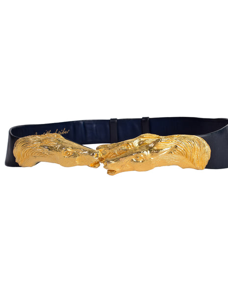 Judith Leiber Vintage Gold Horses Navy Blue Leather Belt