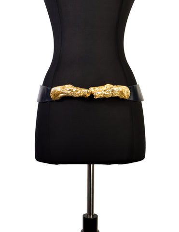 Judith Leiber Vintage Gold Horses Navy Blue Leather Belt