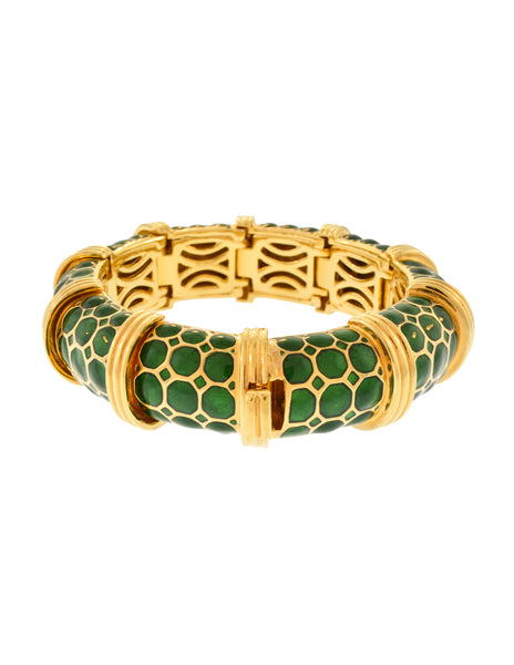 Judith Leiber Vintage Geometric Green Enamel Gold Bracelet
