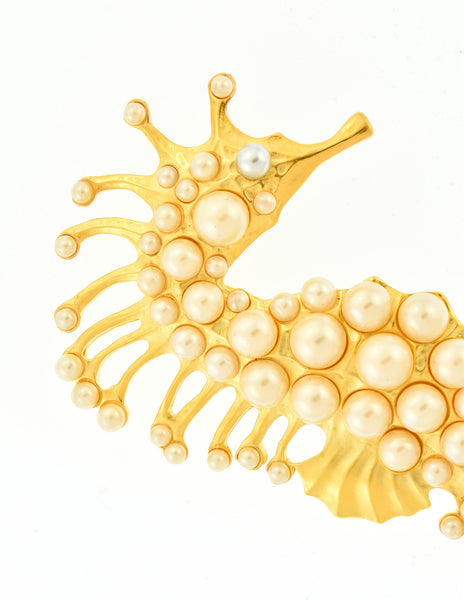 Karl Lagerfeld Vintage Brushed Gold Pearl Encrusted Seahorse Brooch