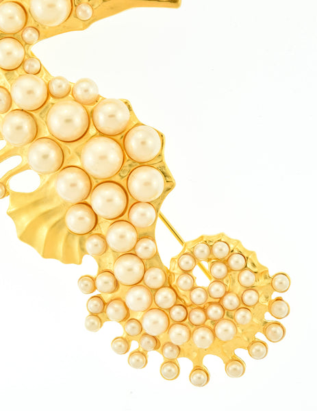 Karl Lagerfeld Vintage Brushed Gold Pearl Encrusted Seahorse Brooch - Amarcord Vintage Fashion
 - 3