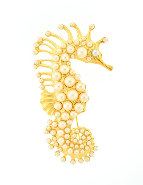 Karl Lagerfeld Vintage Brushed Gold Pearl Encrusted Seahorse Brooch