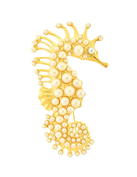 Karl Lagerfeld Vintage Brushed Gold Pearl Encrusted Seahorse Brooch - Amarcord Vintage Fashion
 - 1