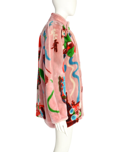 Kansai Yamamoto Vintage AW 1980 Baby Pink Colorful Novelty Print Faux Fur Coat