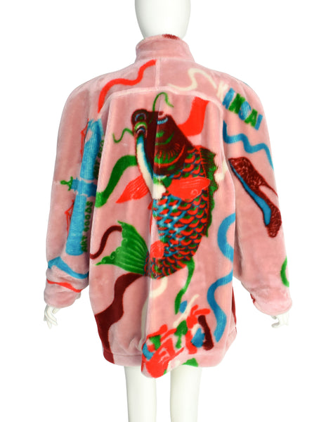 Kansai Yamamoto Vintage AW 1980 Baby Pink Colorful Novelty Print Faux Fur Coat