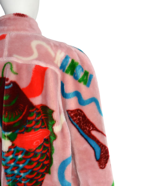 Kansai Yamamoto Vintage AW 1980 Baby Pink Colorful Novelty Print Faux Fur Coat