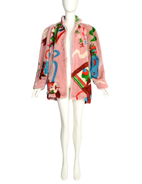 Kansai Yamamoto Vintage AW 1980 Baby Pink Colorful Novelty Print Faux Fur Coat