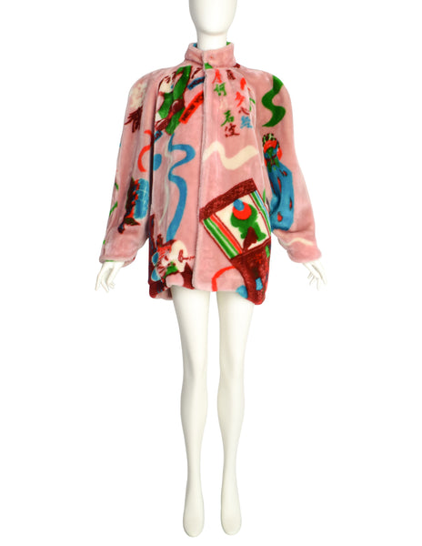 Kansai Yamamoto Vintage AW 1980 Baby Pink Colorful Novelty Print Faux Fur Coat