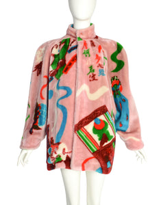Kansai Yamamoto Vintage AW 1980 Baby Pink Colorful Novelty Print Faux Fur Coat