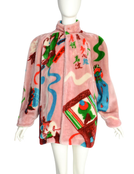 Kansai Yamamoto Vintage AW 1980 Baby Pink Colorful Novelty Print Faux Fur Coat