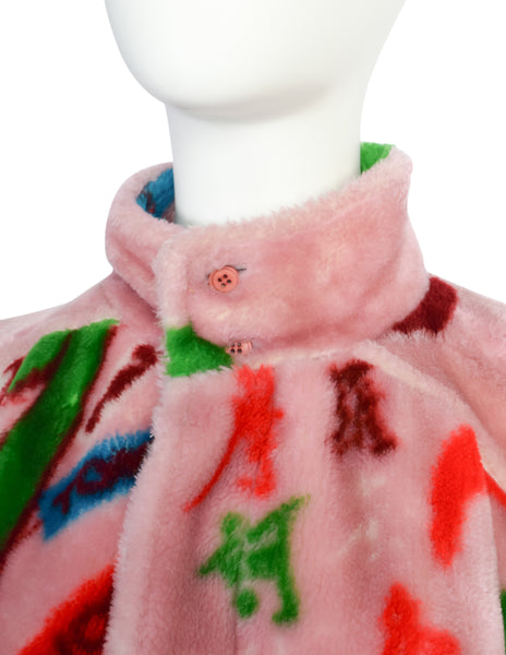 Kansai Yamamoto Vintage AW 1980 Baby Pink Colorful Novelty Print Faux Fur Coat