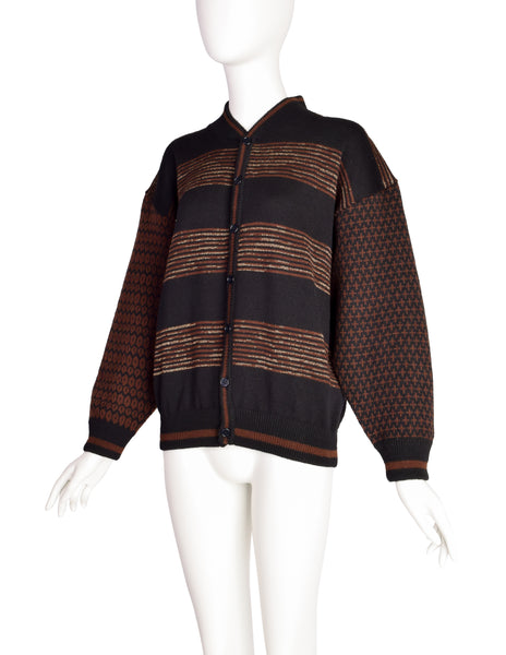 Kansai Yamamoto Vintage Iconic Embroidered Leopard Big Cat Brown Black Cardigan Sweater Jacket