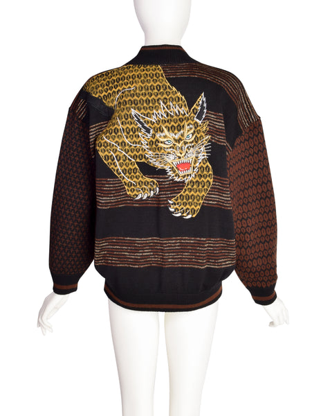 Kansai Yamamoto Vintage Iconic Embroidered Leopard Big Cat Brown Black Cardigan Sweater Jacket