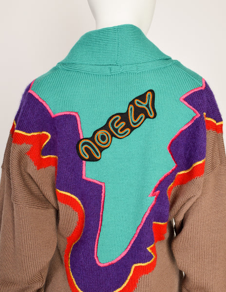 Kansai Yamamoto Vintage Multicolor Graphic Embroidered Applique Cowl Knit Sweater