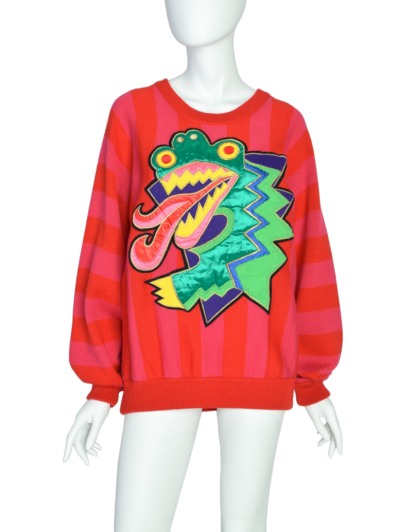 Kansai Yamamoto Vintage Red Pink Striped Dragon Applique Sweater