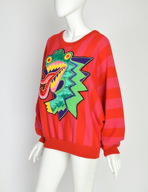 Kansai Yamamoto Vintage Red Pink Striped Dragon Applique Sweater – Amarcord  Vintage Fashion