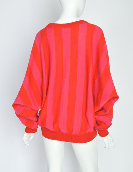 Kansai Yamamoto Vintage Red Pink Striped Dragon Applique Sweater