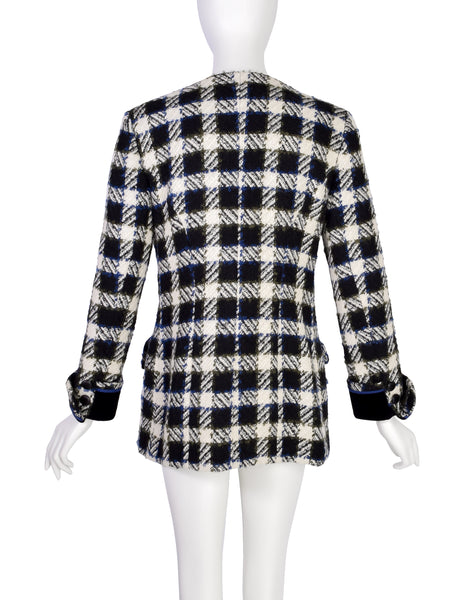 Karl Lagerfeld Vintage AW 1989 Black Cream Blue Green Plaid Boucle Wool Blazer Jacket