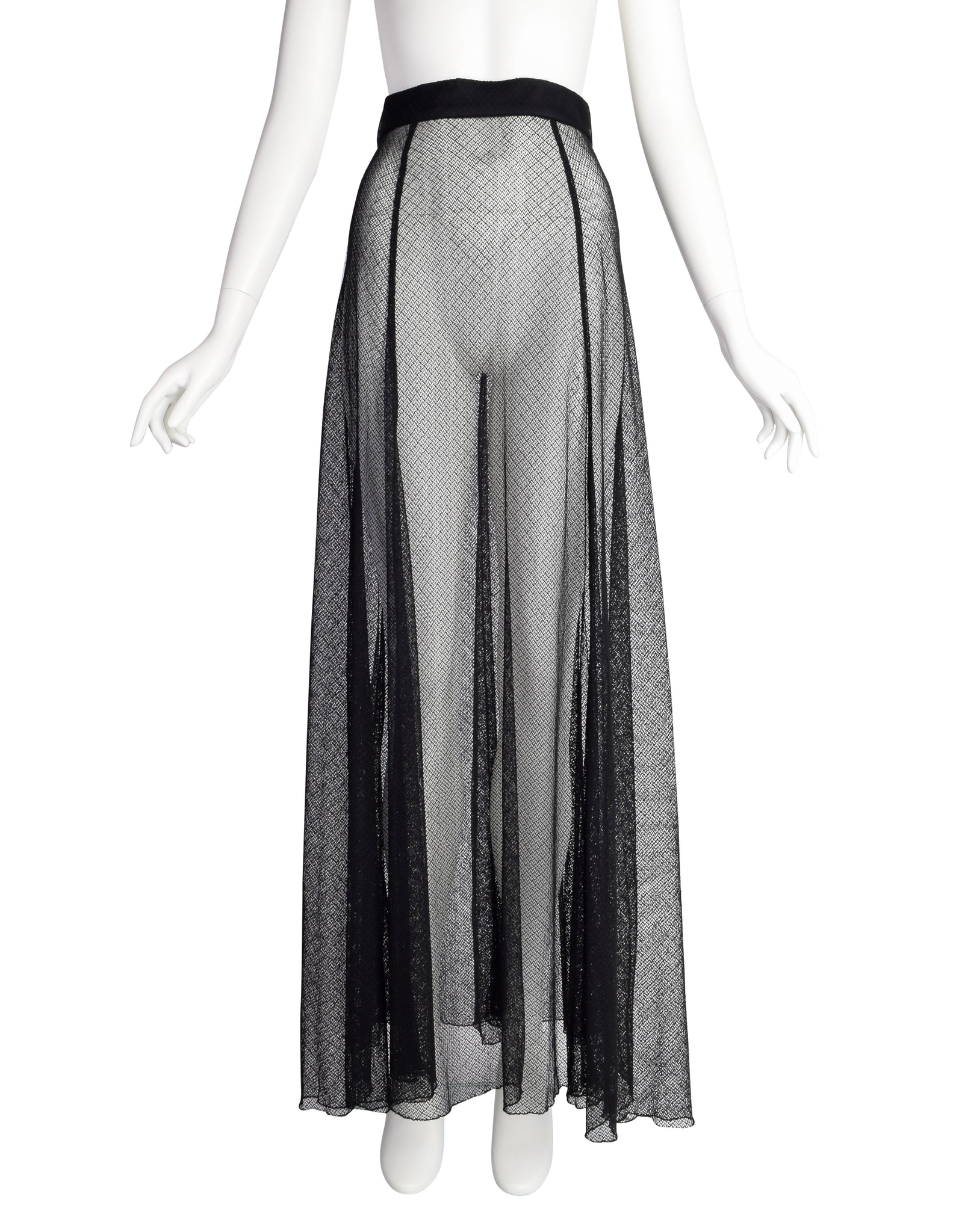 Karl Lagerfeld Vintage 1990s Black Sheer Intricate Mesh Net Full Length Skirt