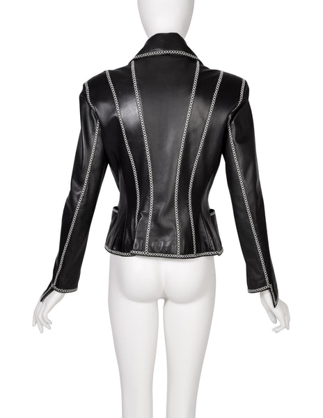 Karl Lagerfeld Vintage AW 1992 Black Lambskin Leather White Stitches Fitted Jacket