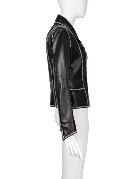 Karl Lagerfeld Vintage AW 1992 Black Lambskin Leather White Stitches Fitted Jacket