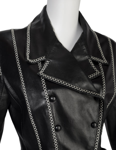 Karl Lagerfeld Vintage AW 1992 Black Lambskin Leather White Stitches Fitted Jacket