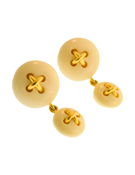 Karl Lagerfeld Vintage Cream Matte Gold Button Motif Dangle Earrings