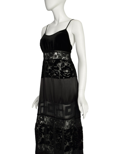 Katharine Hamnett Vintage 1993 Black Lace Satin Velvet Devore Maxi Slip Dress