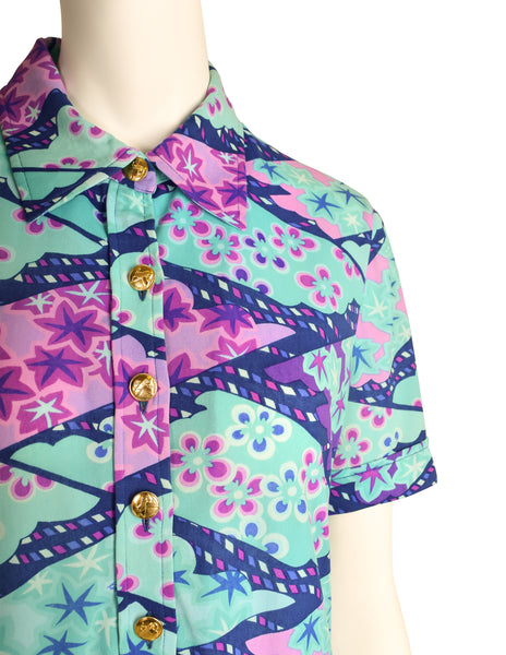 Ken Scott Vintage 1970s Blue Purple Seafoam Aqua Floral Star Print Shirt Dress