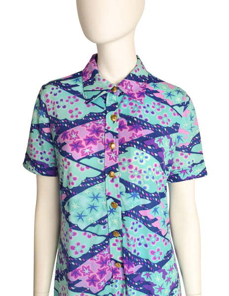 Ken Scott Vintage 1970s Blue Purple Seafoam Aqua Floral Star Print Shirt Dress