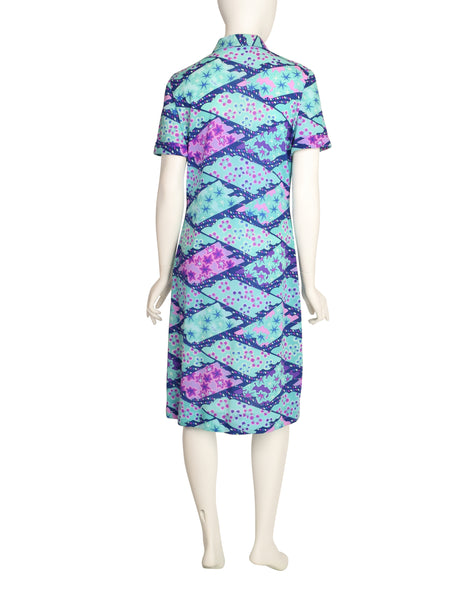 Ken Scott Vintage 1970s Blue Purple Seafoam Aqua Floral Star Print Shirt Dress