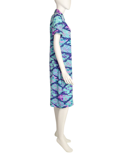 Ken Scott Vintage 1970s Blue Purple Seafoam Aqua Floral Star Print Shirt Dress