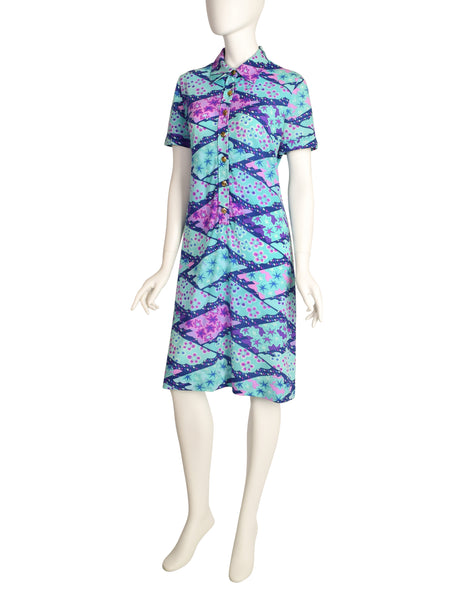 Ken Scott Vintage 1970s Blue Purple Seafoam Aqua Floral Star Print Shirt Dress