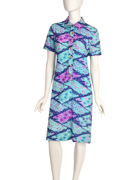 Ken Scott Vintage 1970s Blue Purple Seafoam Aqua Floral Star Print Shirt Dress
