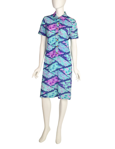 Ken Scott Vintage 1970s Blue Purple Seafoam Aqua Floral Star Print Shirt Dress