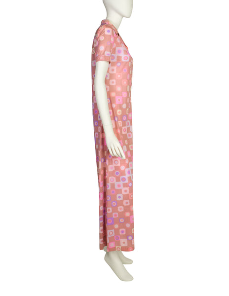 Ken Scott Vintage 1970s Pink Purple Op Art Maxi Shirt Dress