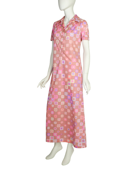 Ken Scott Vintage 1970s Pink Purple Op Art Maxi Shirt Dress