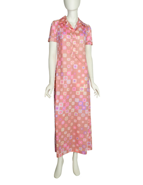 Ken Scott Vintage 1970s Pink Purple Op Art Maxi Shirt Dress